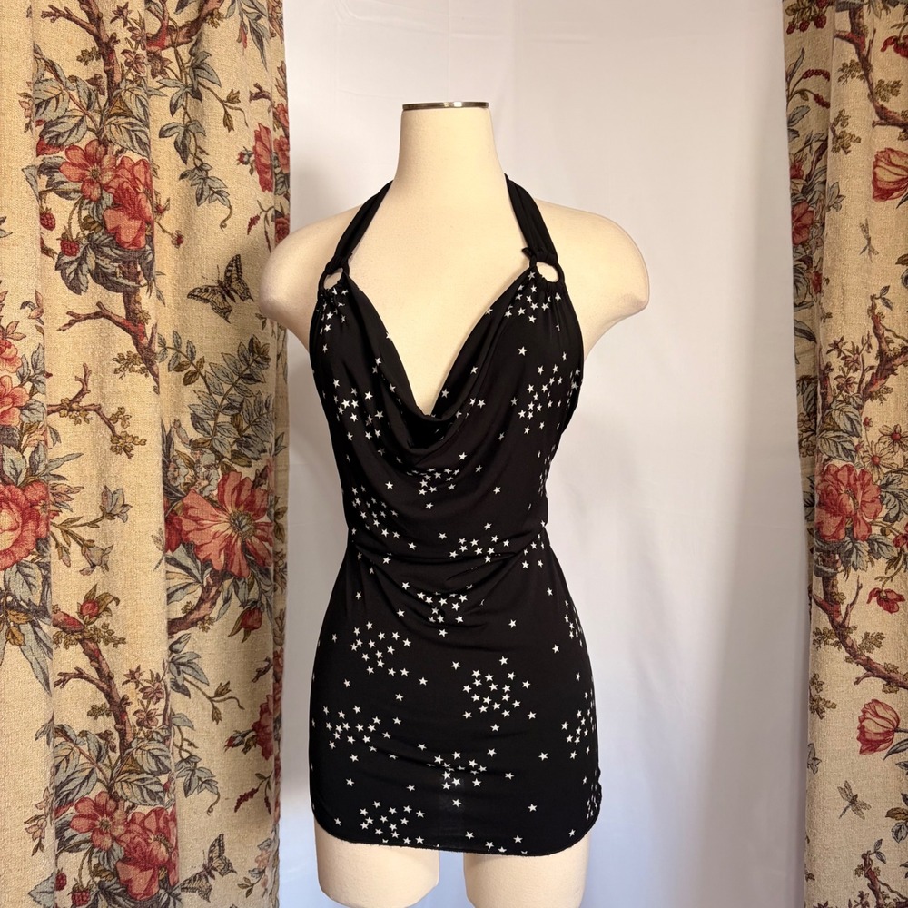 Vanity Y2k stunning black and white star cowl neck halter top with hoop details